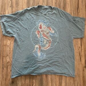 Pale Faded Dark Teal Urban Outfitters Koi Fish Design T-Shirt